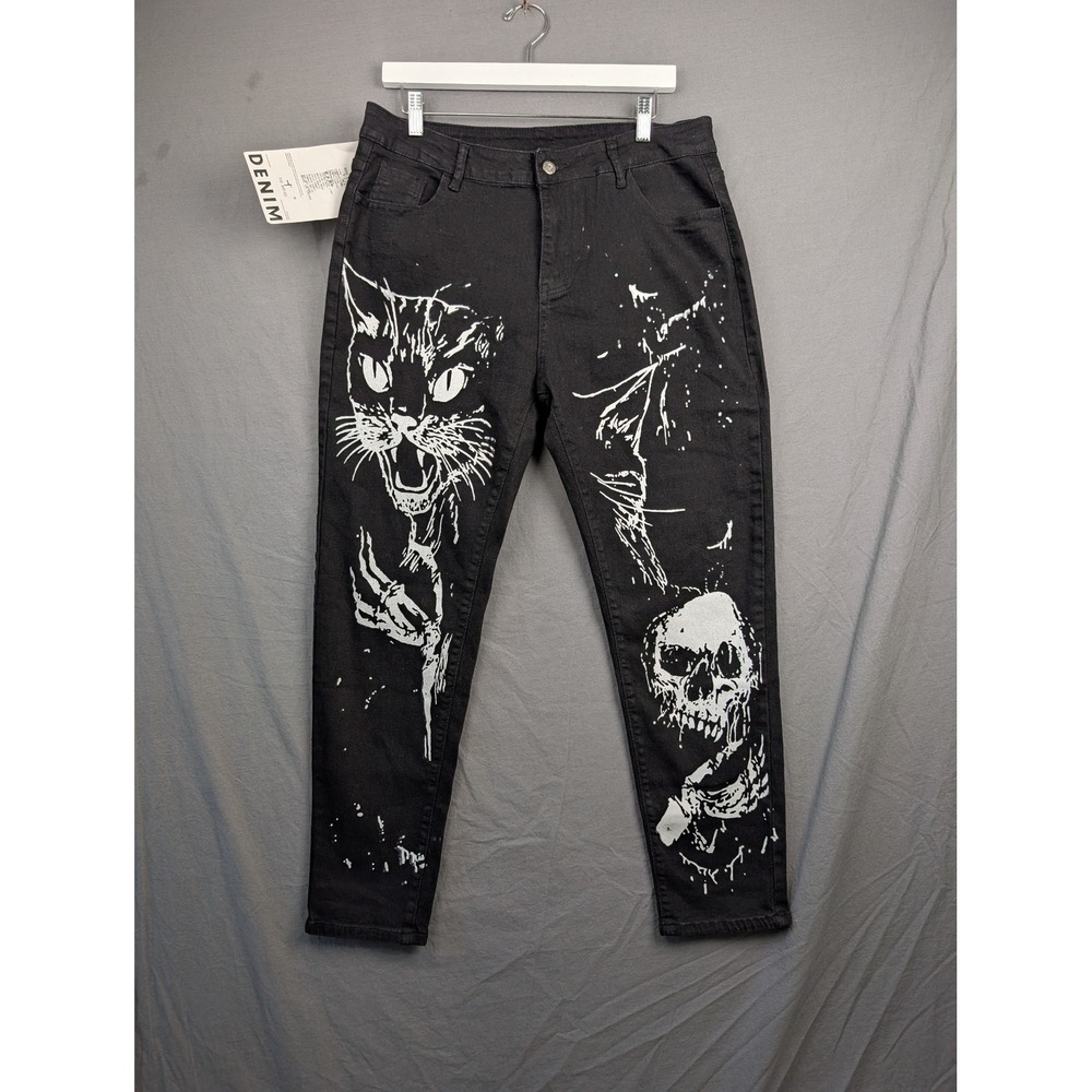 Road Markings V725 Black Cat Skull Graphic Denim Jeans Mens XL Stretch New